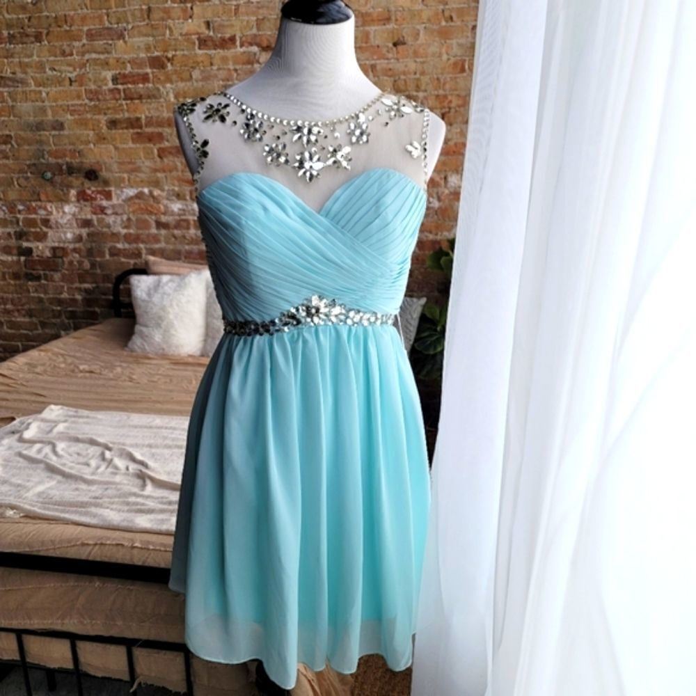 Baby Blue Rhinestone Sheer Top Semi Formal Dress